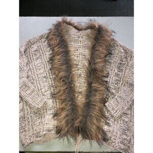 Cardigan Sweater Women’s Batwing Dolman Sleeves Knit Faux Fur Collar Beige Sz S